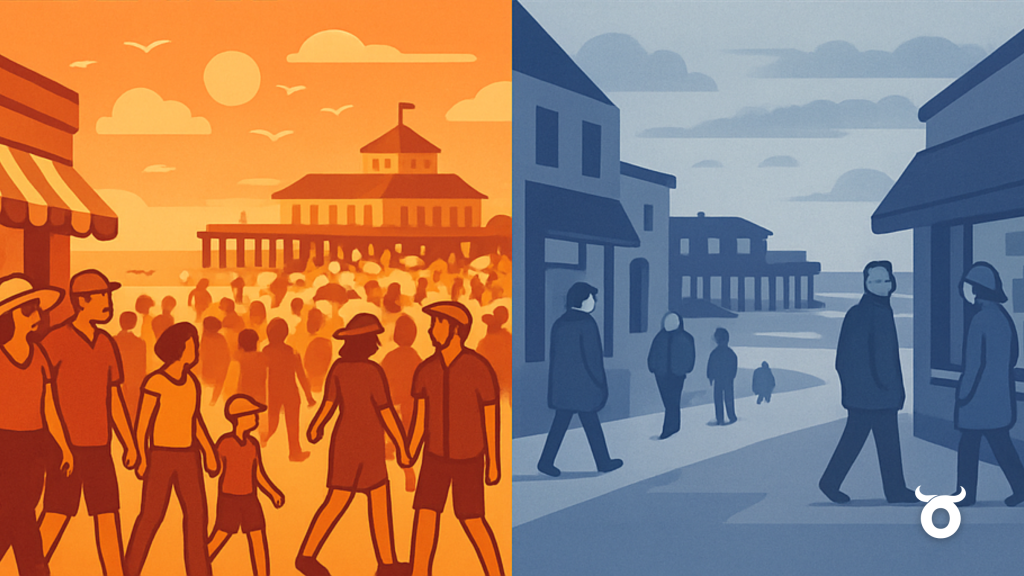 Seasonal business challenges for coastal towns like Great Yarmouth showing summer tourist crowds versus winter local customers